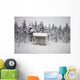 Snow Covered Cabin By Forest Wall Mural