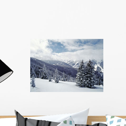 Snow Covered Pine Trees On Mountain Wall Mural