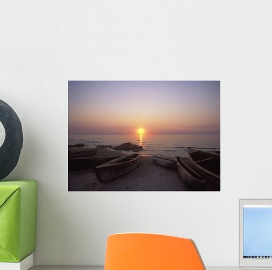 Canoes And Fishing Boats On Beach By Lake Malawi, Sunset Wall Mural