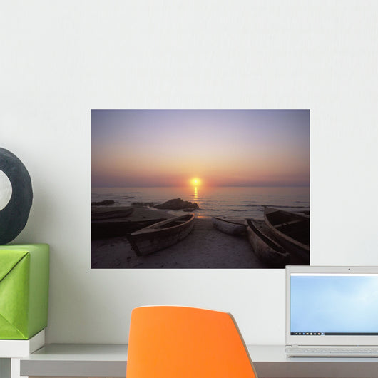 Canoes And Fishing Boats On Beach By Lake Malawi, Sunset Wall Mural