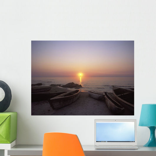 Canoes And Fishing Boats On Beach By Lake Malawi, Sunset Wall Mural