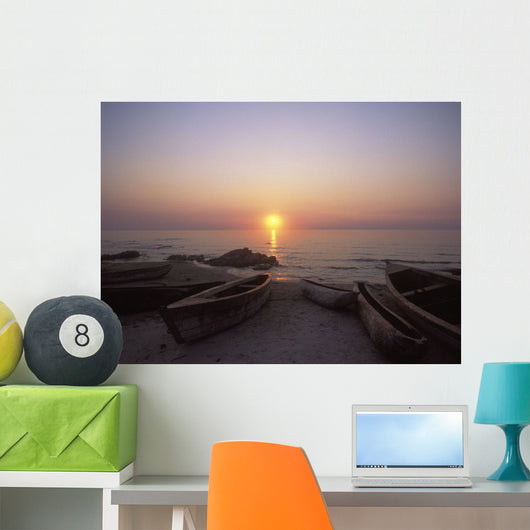 Canoes And Fishing Boats On Beach By Lake Malawi, Sunset Wall Mural