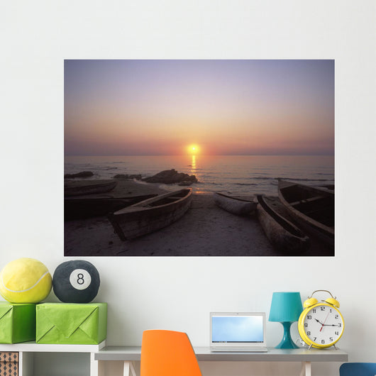 Canoes And Fishing Boats On Beach By Lake Malawi, Sunset Wall Mural
