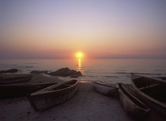 Canoes And Fishing Boats On Beach By Lake Malawi, Sunset Wall Mural
