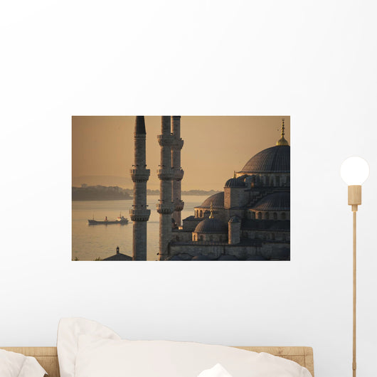 Ship sailing along Bosphorus behind Sultanahmet or Blue mosque at dawn Wall Mural