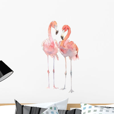 Two Pink Watercolor Flamingos Wall Decal shown on a wall