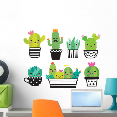 Cute Kawaii Succulent Cactus Wall Decal Sticker Set shown on a wall