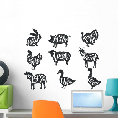 Butcher Shop Animal Labels Wall Decal Sticker Set shown on a wall