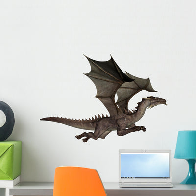 Flying Brown Dragon Wall Decal shown on a wall