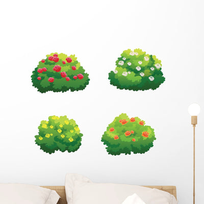 Four Cartoon Bushes Tree Wall Decal Sticker Set shown on a wall