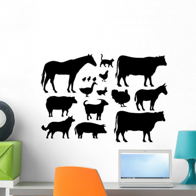 Various Farm Animals Silhouettes Wall Decal Sticker Set shown on a wall
