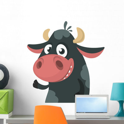 Cartoon Cute Black Cow Wall Decal shown on a wall