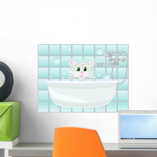 Cat taking bath Wall Mural