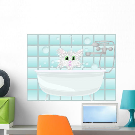 Cat taking bath Wall Mural