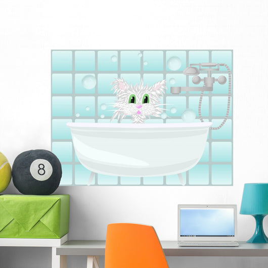 Cat taking bath Wall Mural