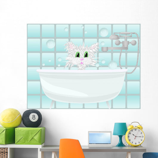 Cat taking bath Wall Mural