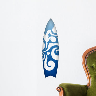 Blue Surfboard Wall Decal shown on a wall