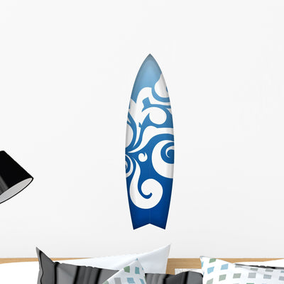Blue Surfboard Wall Decal shown on a wall