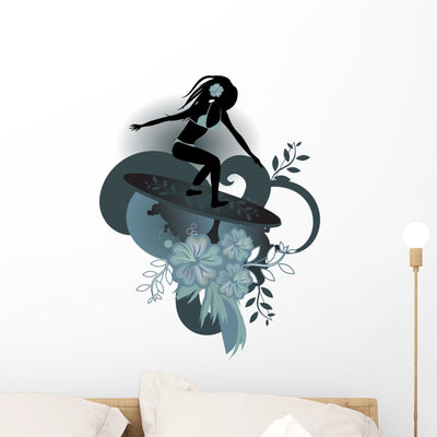 Girl-surfer Wall Decal shown on a wall