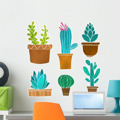Six Cacti Cactus Wall Decal Sticker Set shown on a wall