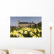 Yellow Daffodils In A Cemetery Beside A Church Wall Mural