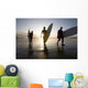 Silhouette Of Three Surfers Carrying Surfboards Wall Mural