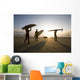Silhouette Of Three Surfers And A Dog Wall Mural