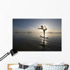 Silhouette Of Female Surfer Doing Bow Pulling Yoga Pose Wall Mural
