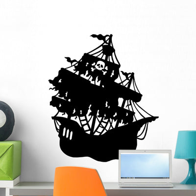 Mysterious Pirate Ship Silhouette Wall Decal shown on a wall