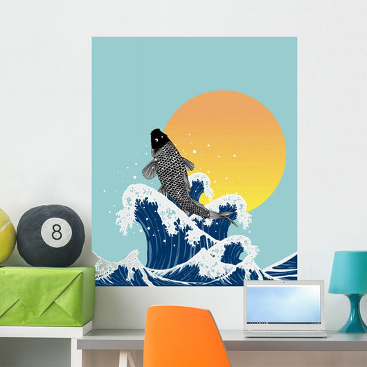 japanses fish jumping in wave Wall Mural