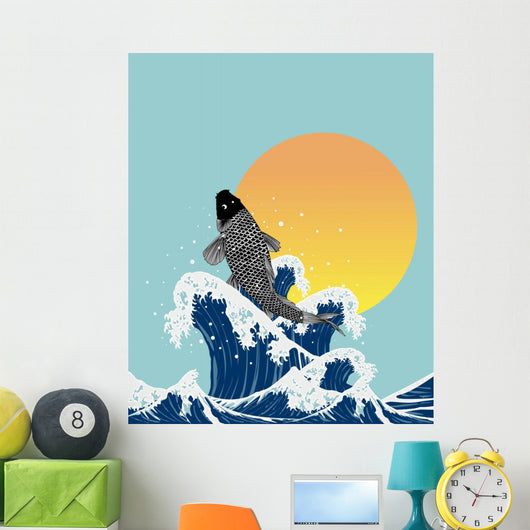 japanses fish jumping in wave Wall Mural