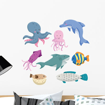 Sea Animals Cartoon Set Wall Decal shown on a wall