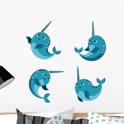 Happy Smiling Narwhal Funny Wall Decal Sticker Set shown on a wall