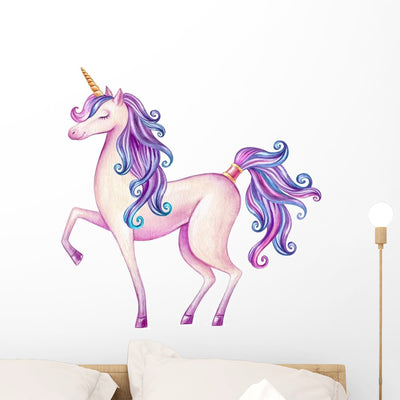Prancing Purple Watercolor Unicorn Wall Decal shown on a wall