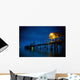 Lights On A Wooden Pier Leading Out In The Water At Night Wall Mural