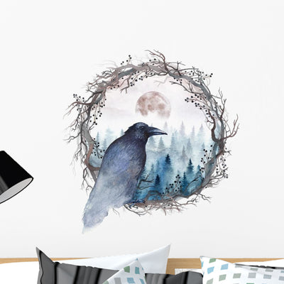 Forest Raven Moon Wall Decal shown on a wall