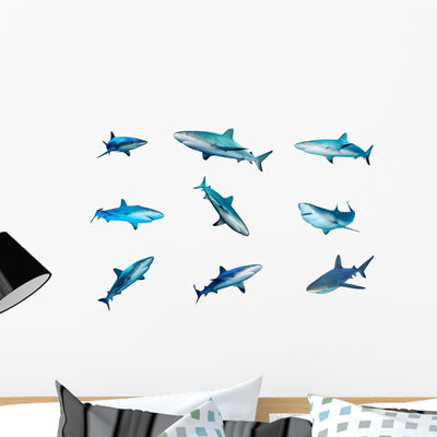 Nine Caribbean Reef Sharks Wall Decal Sticker Set shown on a wall