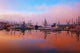 Sunrise Through The Morning Fog And Fishing Boats In Newport Harbor Wall Mural
