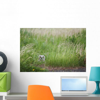 Great Horned Owl Grass Wall Mural shown on a wall