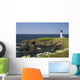 White Lighthouse On The Ocean With Blue Sky And Wildflowers Wall Mural