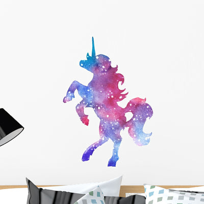 Pink Cosmic Unicorn Silhouette Wall Decal shown on a wall