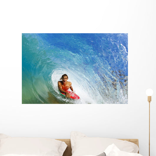 Boogie Boarder Riding Barrel Of Beautiful Wave Wall Mural