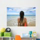 Hawaii, Kauai, Woman Holding Surfboard On Beach, View From Behind Wall Mural