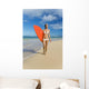Hawaii, Kauai, Woman Walking Along Beach With Beach With Surfboard Wall Mural