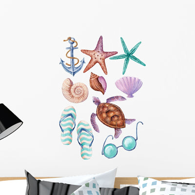 Watercolor Marine Seashell Beach Wall Decal Sticker Set shown on a wall