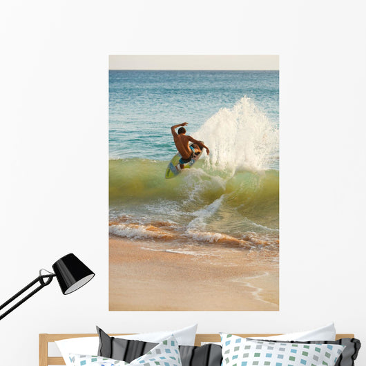 Hawaii, Maui, Makena, Skimboarder Carves Big Turn On Wave Wall Mural
