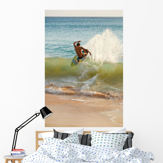 Hawaii, Maui, Makena, Skimboarder Carves Big Turn On Wave Wall Mural
