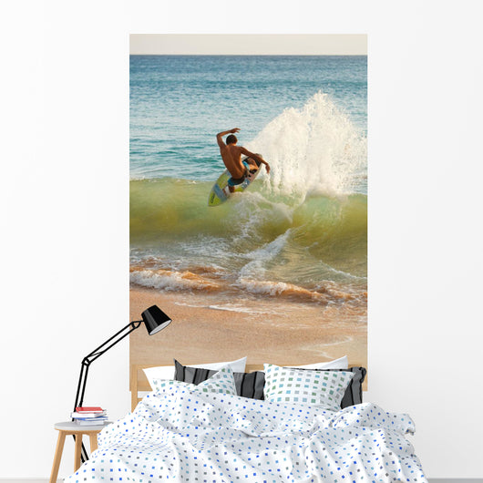 Hawaii, Maui, Makena, Skimboarder Carves Big Turn On Wave Wall Mural