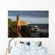Hawaii, Maui, Makena, Surfer Girl Standing On Rocks At Sunset Wall Mural