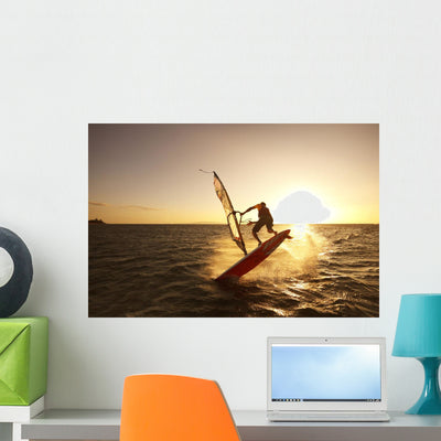 Windsurfer Sailing off Coast Wall Mural shown on a wall